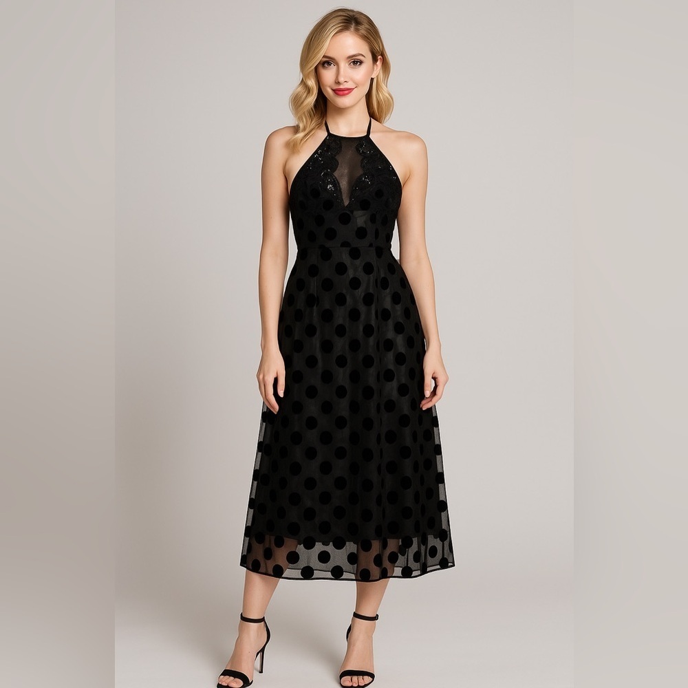 Anthropologie Sheer Polka Dot Lace Halter Midi Dress – Size Small – NWT